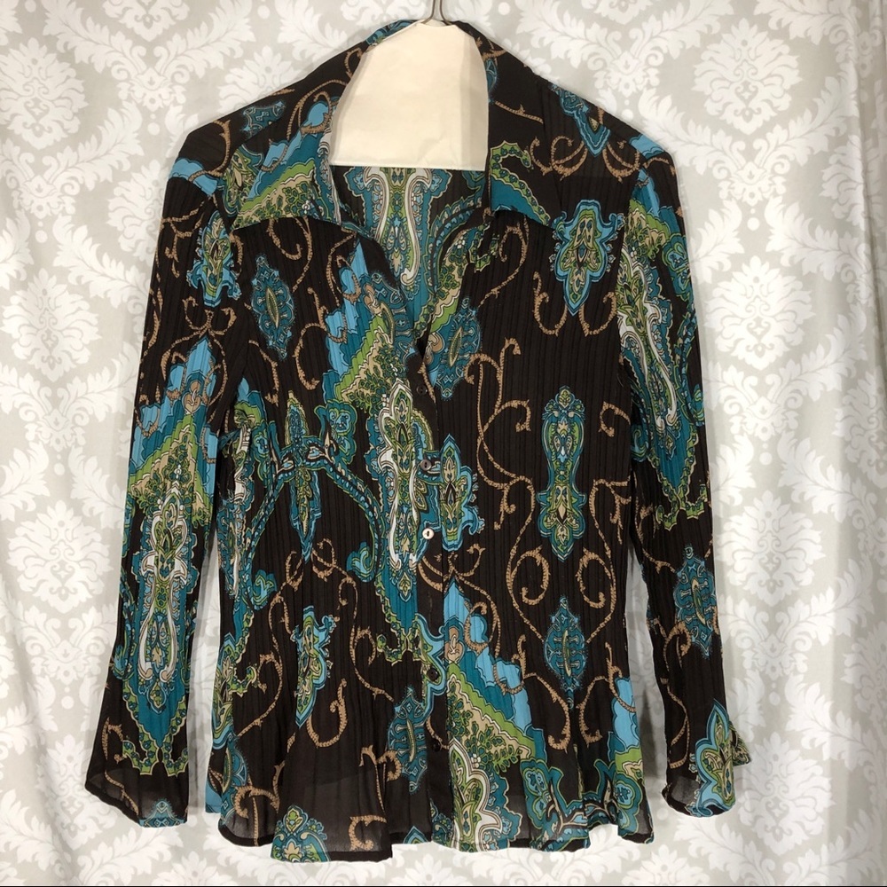 Vintage “SBL”  Ruffled Sheer Print Blouse L